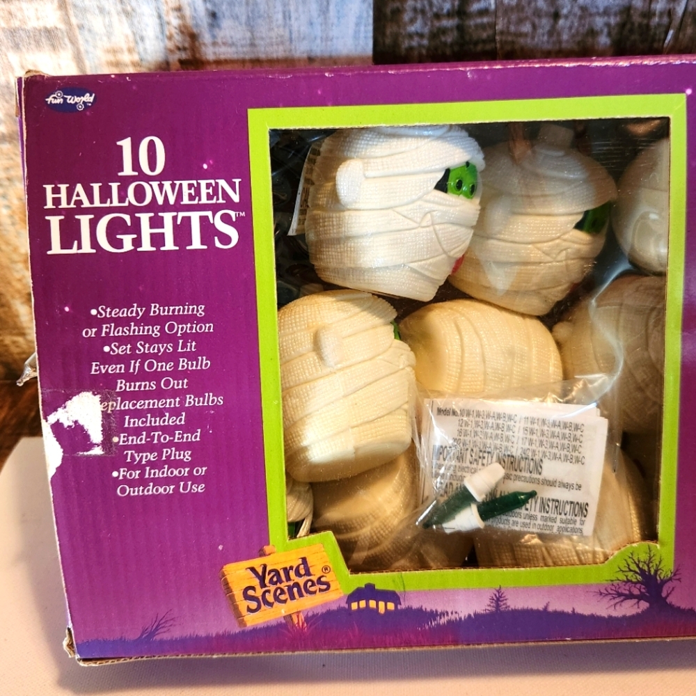 Vtg Halloween Mummy String Light Cover 10 Ct Blow Mold Fun World WORKS In Box